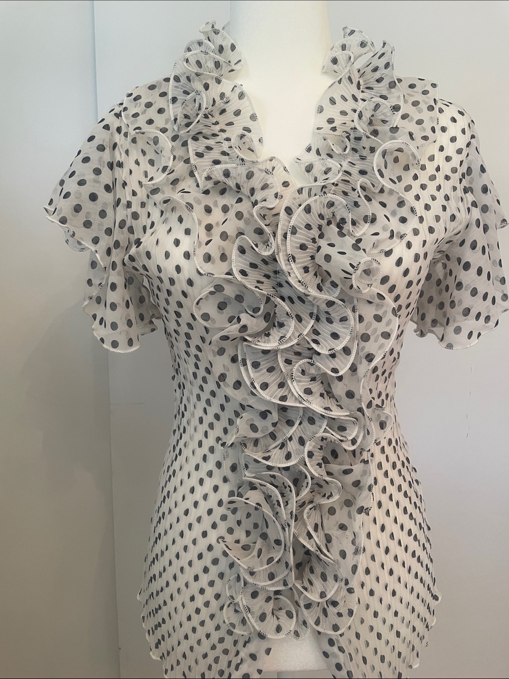 Polka Dot Ruffle Front Blouse - White/Black